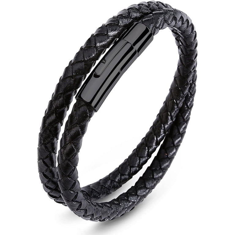 Feifuli Men's Black Braided Leather Bracelet - Stainless Steel Clasp, Genuine Leather, Adjustable