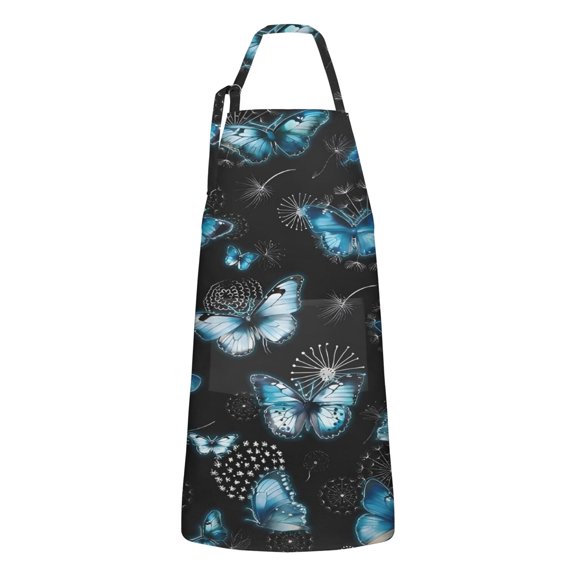 Black Blue Butterfly Dandelion Pattern Apron-Garden Aprons for Women with Pockets-Cotton Linen Waterproof Kitchen Cooking Gardening Aprons Adjustable for Kitchen,Cooking,BBQ and Salon 33x27 Inch