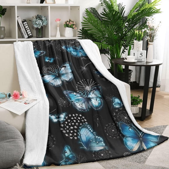 Black Blue Butterfly Dandelion Pattern Blanket,Comfortable Soft Flannel Throw Blanket,All Season,Warm Lightweight Blankets for Sofa Bed Couch Living Room Chair,50"x60"