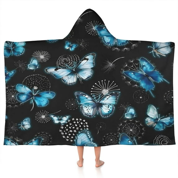 Black Blue Butterfly Dandelion Pattern Hooded Bath Towel,50"x30" for Ages 3 To 12 Kids, Quick Dry Lightweight Soft Microfiber Hood Beach Towel Cover Up for Kids