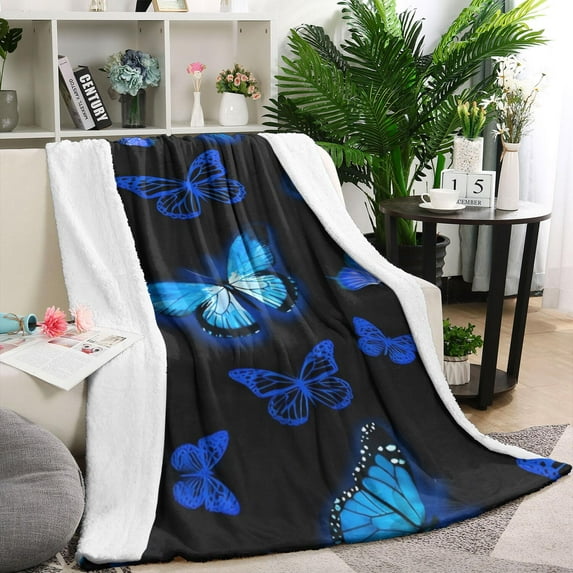 Black Blue Butterfly Pattern Blanket,Comfortable Soft Flannel Throw Blanket,All Season,Warm Lightweight Blankets for Sofa Bed Couch Living Room Chair,40"x50"