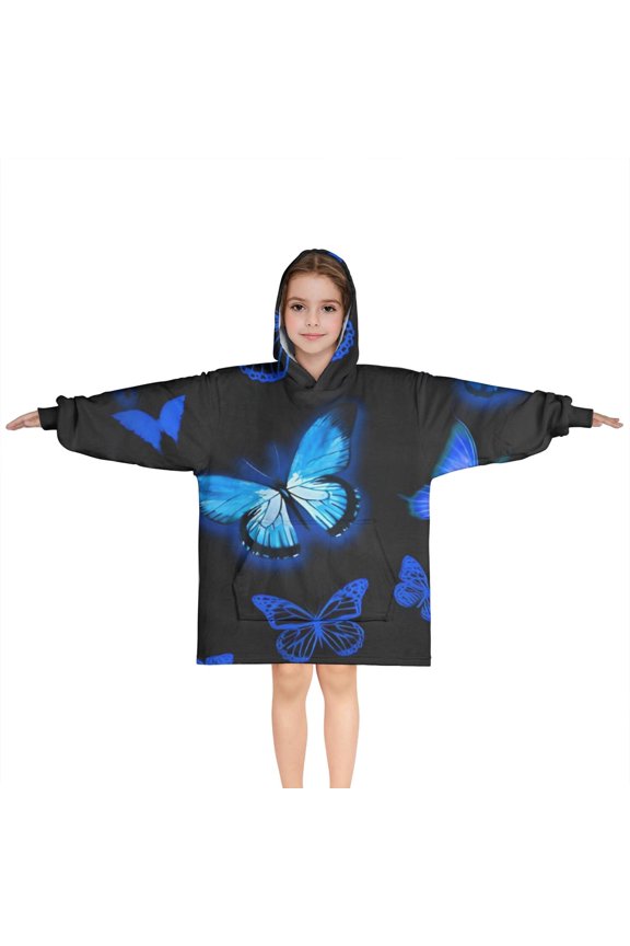 Black Blue Butterfly Pattern Blanket Hoodies for Kids 6-13YR Oversize Wearable Blanket Hoodies for Boys Girls Teens