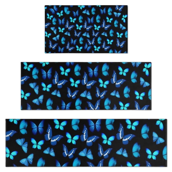 Black Blue Butterfly Pattern Kitchen Rugs Sets Of 3,Kitchen Runner Rugs Non Skid Washable,Decorative Kitchen Floor Mats for Kitchen,Sink,Laundry,17"x30"+ 17"x47" + 17"x59"