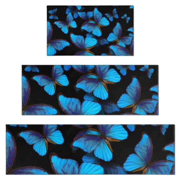 Black Blue Butterfly Pattern Kitchen Rugs Sets Of 3,Kitchen Runner Rugs Non Skid Washable,Decorative Kitchen Floor Mats for Kitchen,Sink,Laundry,17"x30"+ 17"x47" + 17"x59"