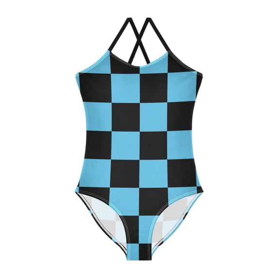 Black Blue Checked Pattern Girls' One-Piece Swimwear 3T-10T Soft ...
