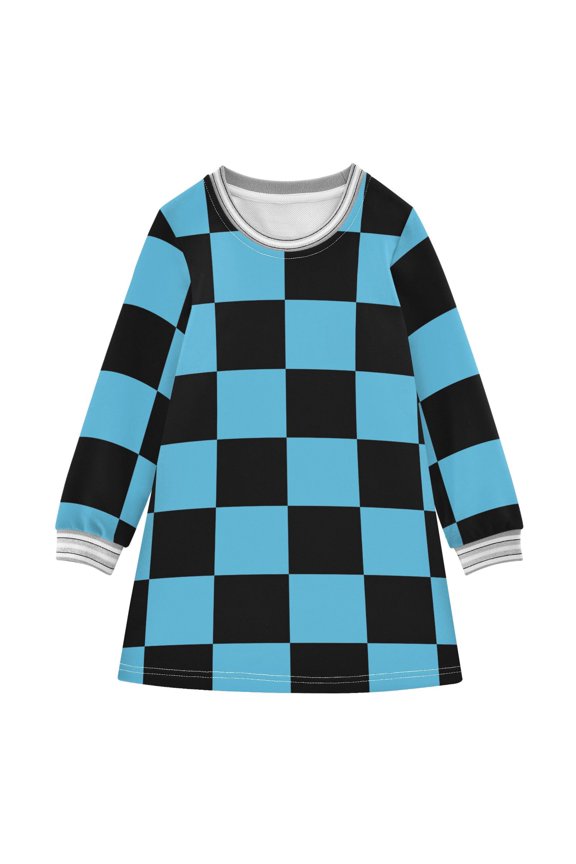 Black Blue Checked Pattern Girls'long-sleeved dress Thickened A-dress Warm Dress Basic Shirt Party Dresses