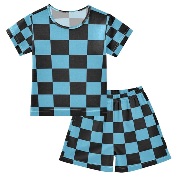 Black Blue Checked Pattern Summer Pajama Set Soft Cotton Short Sleeve Sleepwear 2PCS Pajama Sets Breathable Lounge Set Size 8Y