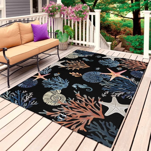 Black Blue Coastal Outdoor Rug 5x8 Ft, Non Slip Washable Area Rug, Summer Beach Coral Shell Starfish Seahorse Patio Rugs Carpet Runner, Large Floor Mat for Indoor/Outdoor Deck Porch Camping