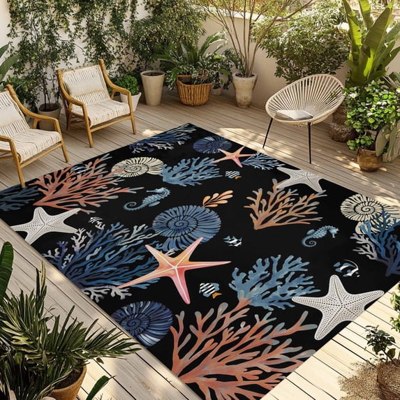 Black Blue Coastal Outdoor Rug for Patio/Deck/Porch, Non-Slip Large Area Rug 5 x 8 Ft, Summer Beach Coral Shell Starfish Seahorse Indoor Outdoor Rugs Washable Area Rugs, Camping Rug Carpet Runner