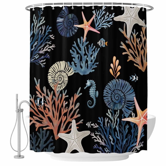 Black Blue Coastal Shower Curtain Set - Standard 72" x 72" Washable Bathtub Curtain with 12 Hooks, Summer Beach Coral Shell Starfish Seahorse Waterproof Fabric Shower Curtains for Bathroom/Bathtub