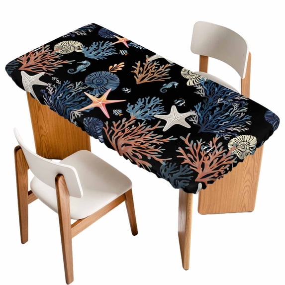 Black Blue Coastal Table Cloths for 4 Foot Rectangle Tables, Summer Beach Coral Shell Starfish Seahorse Patio Waterproof Elastic Fitted Tablecloths, Washable Rectangular Table Cover for Camping