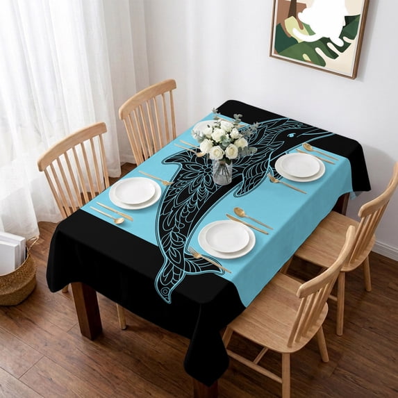 Black Blue Dolphin Table Cloth Waterproof Tablecloths, Summer Beach Coastal Modern Art Tablecloth Dining Table Cover for Kitchen Party Tabletop Outdoor, Rectangle Tablecloth 52x70 Inch