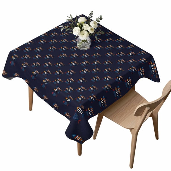 Black Blue Fish Coastal Table Cloth, Waterproof Tablecloth for Square Tables, Nautical Seaside Ocean Rustic Vintage Washable Fabric Table Cover for Restaurant Kitchen Dining Tables 54"x54"