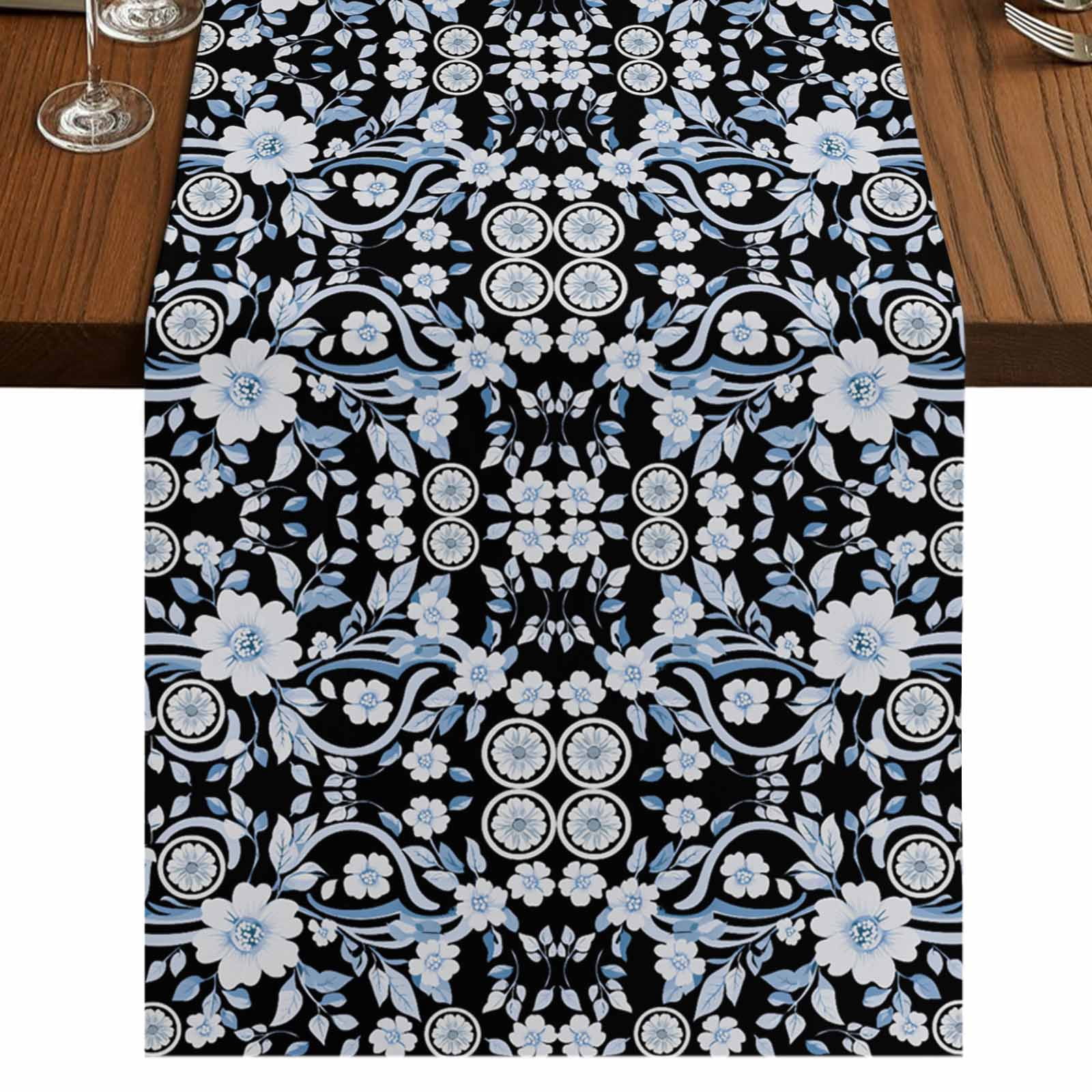 Black Blue Floral 36 Inch Table Runner, Vintage Pastoral Botanical ...
