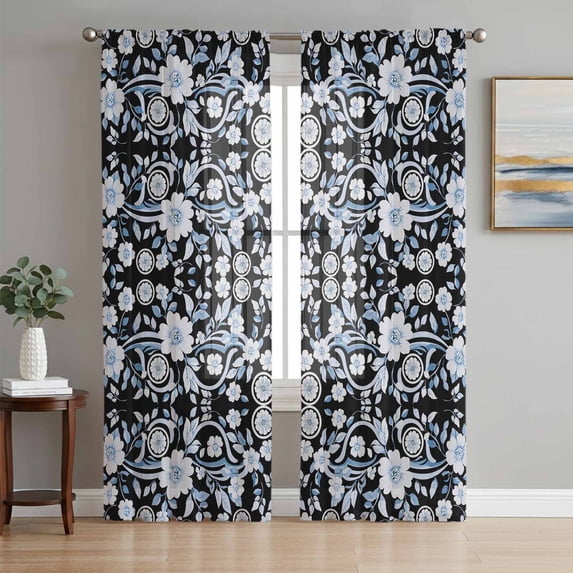 Black Blue Floral Sheer Curtains 72 Inch Length 2 Panels Set, Vintage Pastoral Botanical Leaves Voile Window Treatment Rod Pocket Curtains Sheers Drapes for Bedroom/Living Room/Kitchen 52"x72"x2