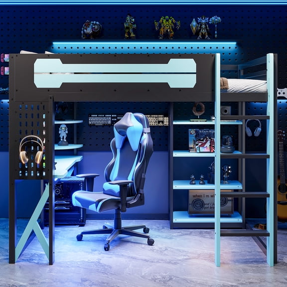 Black+Blue Full Size Wood Loft Bed with Built-In Desk, Charging Station & RGB Lighting