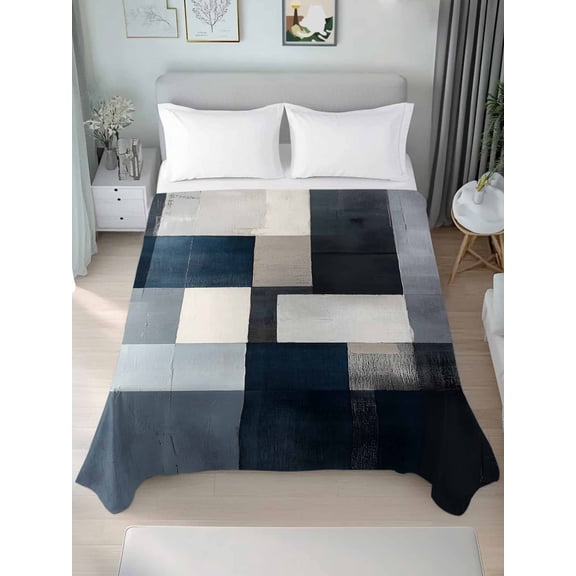Black Blue Geometric Queen Size Flat Sheet, Wrinkleproof & Fadeproof Cooling Flat Bed Sheet Only, Vintage Abstract Gradient Art Breathable Soft Bedding Top Sheets 90 x 102 Inches