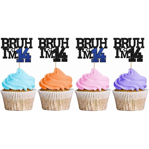 Black & Blue Glitter Bruh I'm 14 Cupcake Toppers, 12 Pack Funny 14th Birthday Cupcake Picks, Teen Boys 14 Year Old Birthday Party Cake Decor Supplies