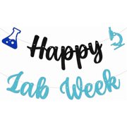 Black & Blue Glitter Happy Lab Week Banner with Flask & Microscope Cutouts, Lab Technician Appreciation Party Supplies