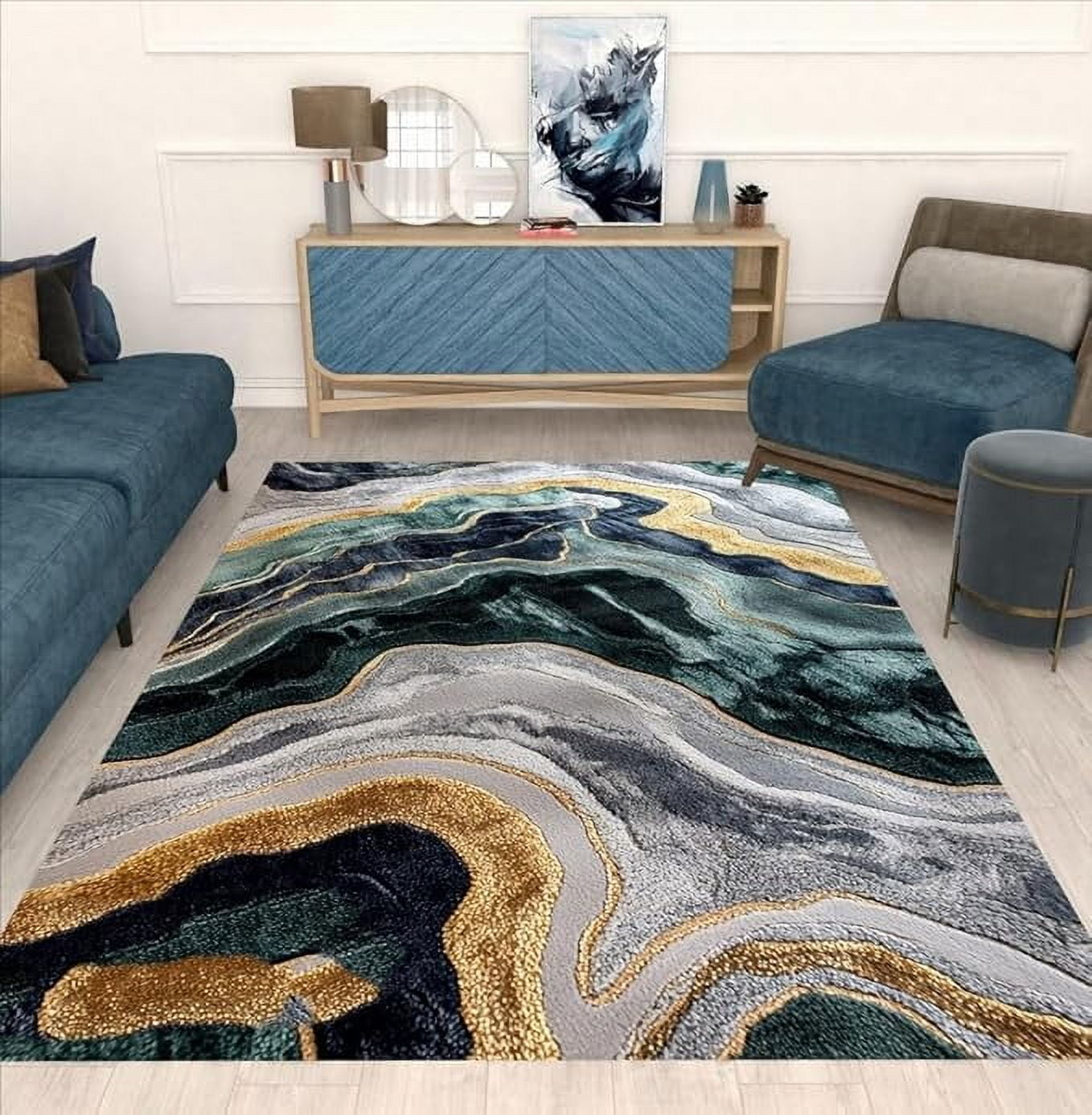 Black Blue Gold Marble Texture Modern Abstract Large Area Rug Ultra ...