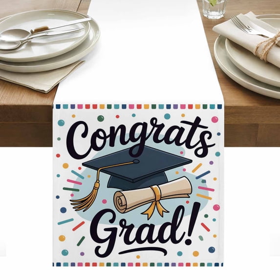 Black Blue Graduation Hat Table Runner - 72 Inch Long, Kitchen Dining Table Runner Dresser Scarves, Funny Words Farmhouse Decor for Coffee Tables Wedding Party Banquet