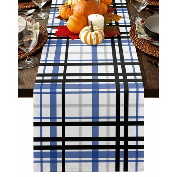 Black Blue Grey Plaid Table Runner-Cotton Linen- 72 Inch Holiday Dresser Scarves, Simple Check Stripes Lines Country Tablerunner for Kitchen Coffee/Dining Bedroom Living Room Dinner Scarf Décor 18x72