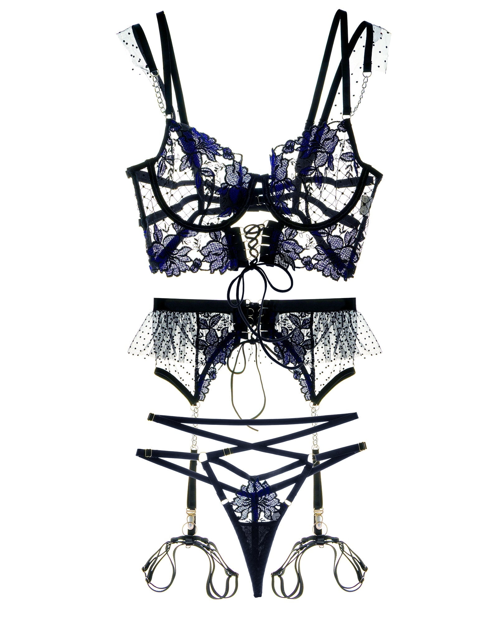 Black&Blue Lace Tie Adjustable Sculpting Body Lingerie Set (BLACK, S)