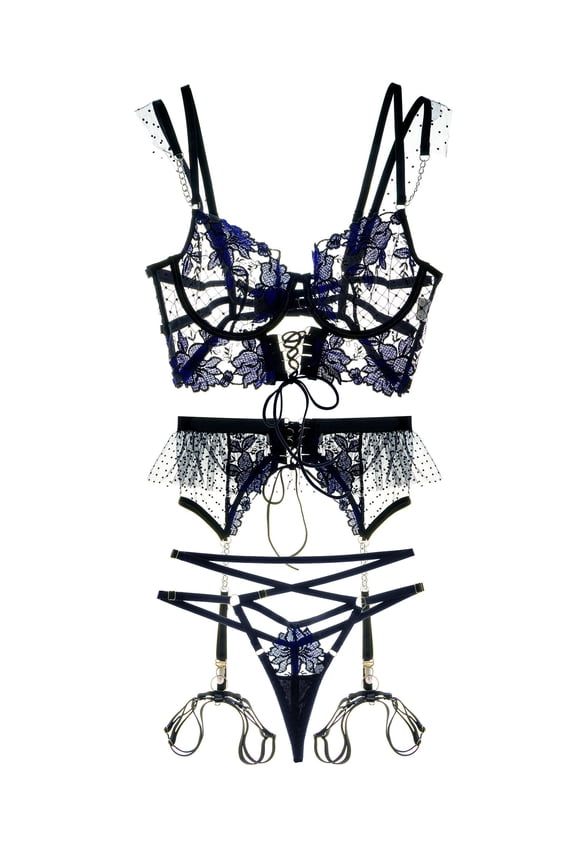 Black&Blue Lace Tie Adjustable Sculpting Body Lingerie Set (BLACK, S)