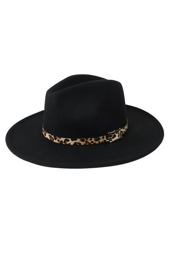 Black / Blue Leopard Band Fedora Panama Upturn Wide Brim Cotton Blend Felt Hat