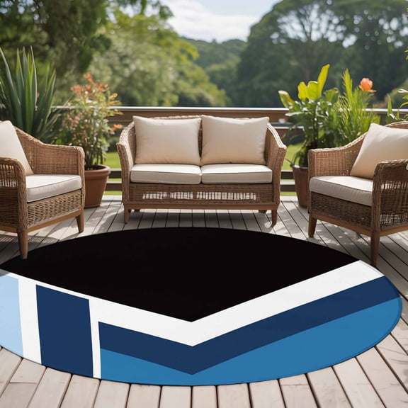 Black Blue Lines 8ft Round Rug for Open Concept Living Room Seating Zone, Geometric Abstract Black Dark Blue Texture Washable Non Slip Large Circle Area Rug