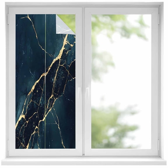 Black Blue Marble Window Privacy Film Modern Art Abstract Luxury Gold Texture Decorative Glass Window Film UV Blocking Static Cling Non-Adhesive Sticker Covering for Home Door 19.6 x 39.3 inches