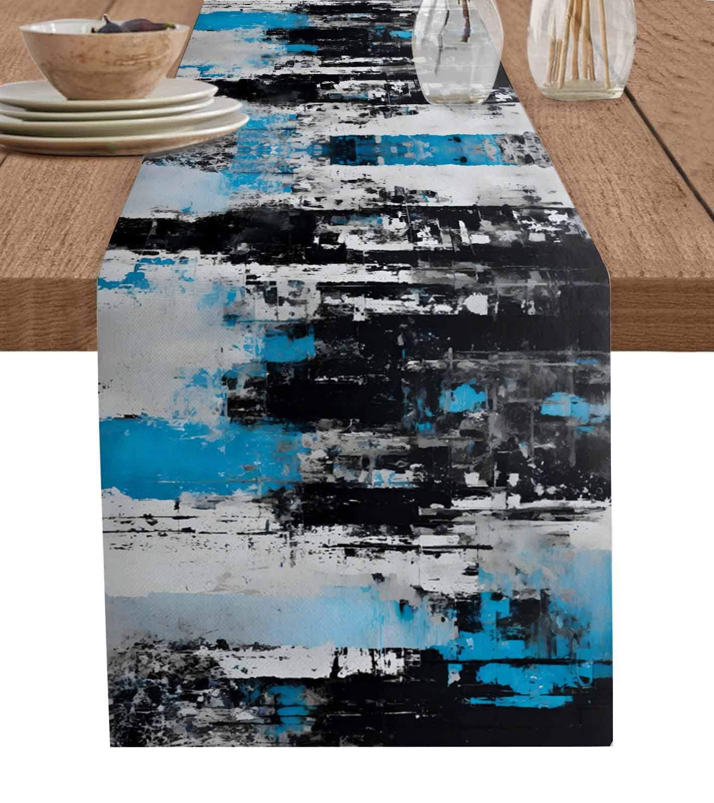 Black Blue Modern BurlapCotton Table Runner 36 Inch Long,Abstract