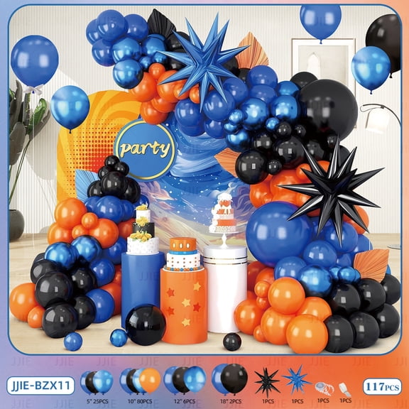 Black Blue Orange Balloon Arch Kit with Star Foil Balloons, Royal Blue Black Balloon Garland for Birthday Party, Graduation Decorations, Basketball Theme Party Supplies