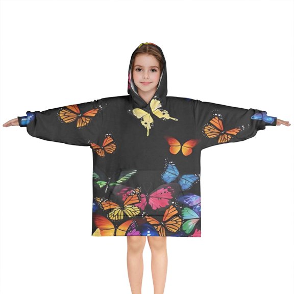 Black Blue Orange Butterfly Pattern Blanket Hoodies for Kids 6-13YR Oversize Wearable Blanket Hoodies for Boys Girls Teens