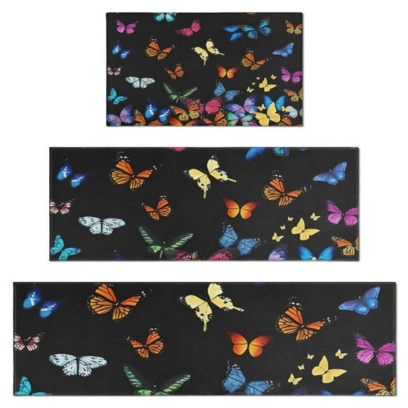 Black Blue Orange Butterfly Pattern Kitchen Rugs Sets Of 3,Kitchen Runner Rugs Non Skid Washable,Decorative Kitchen Floor Mats for Kitchen,Sink,Laundry,17"x30"+ 17"x47" + 17"x59"