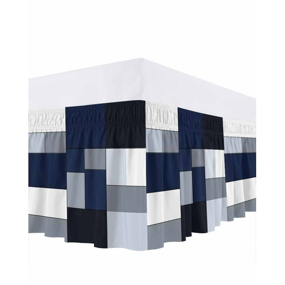 Black Blue Patchwork Bed Skirt Abstract Geometric Art Bed Skirts California King Size 18 Inch Drop, Wrap Around Dust Ruffle Bedskirt with Adjustable Elastic Belt for Queen Size Beds