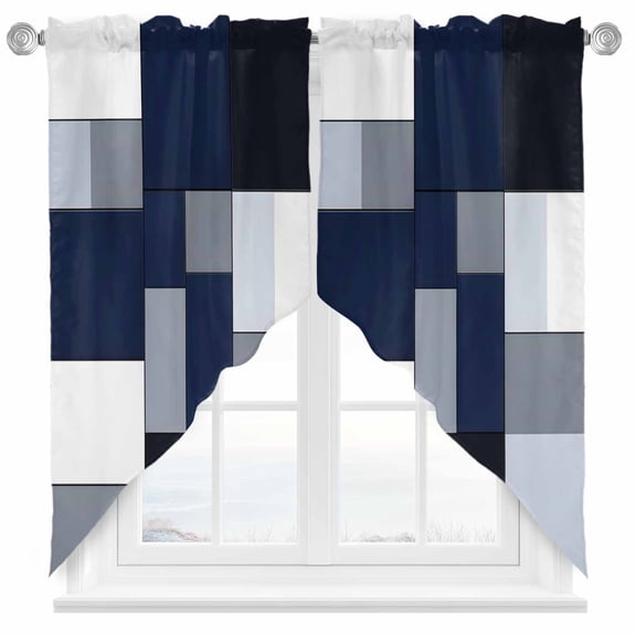 Black Blue Patchwork Swag Valances for Windows 2 Pack Abstract Geometric Art Swag Kitchen Curtains 45 Inches Long Rod Pocket Short Window Treatment for Kitchen Bathroom 36"x45"