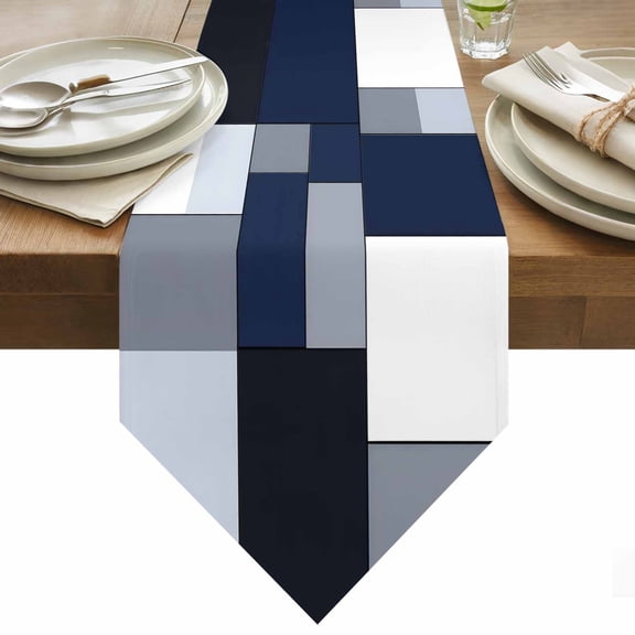 Black Blue Patchwork Table Runner 36 Inches Long Abstract Geometric Art Table Runners for Dining Room Tabletop Dresser Scarf Home Party Banquet Wedding Holiday Decoration
