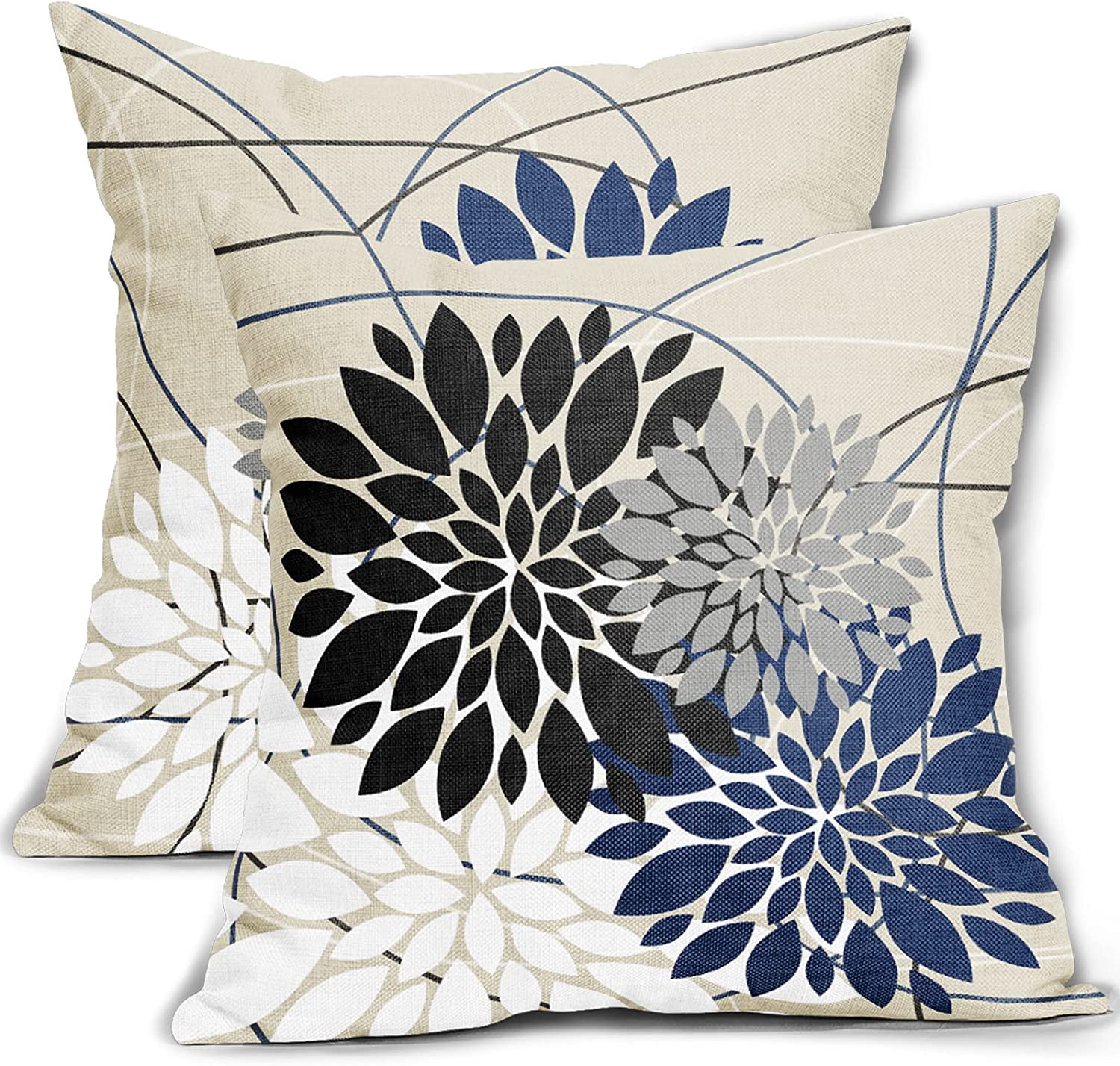 Black Blue Pillow Covers 18x18 Inch Dahlia Flower White Gray Elegant Colored Throw Pillows Farmhouse Outdoor Decor for Home Living Room Sofa Couch Bed Modern Floral Linen Square Cushion Case, Set of 2
