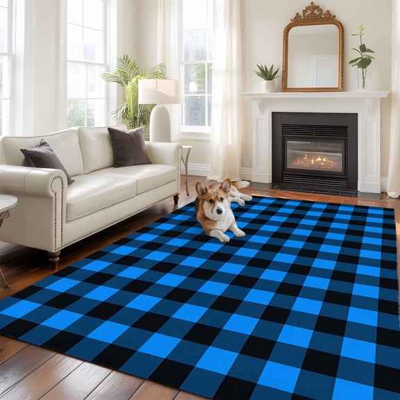 Black Blue Plaid Area Rug 5x8 FT, Non Slip Bedroom Throw Carpet, Country Buffalo Checked Gingham Washable Soft Floor Carpet Non-Shedding Rug for Living Room Nursery Dorm Office
