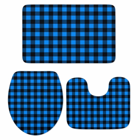 Black Blue Plaid Bath Mat 3 Piece Bathroom Rug Set, Country Buffalo Checked Gingham Non Slip Bath Rug Contour Mat and Toilet Lid Cover, Absorbent Shower Mats Soft Bath Rugs and Mats Sets