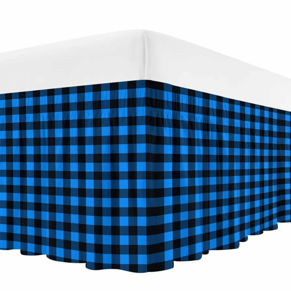 Black Blue Plaid Bed Skirt Queen Size, Country Buffalo Checked Gingham Wrap Around Bed Skirting with Adjustable Elastic Strap, Dust Ruffle Pleated Bedskirts 16 Inch Drop for Bedroom Queen Beds