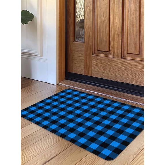 Black Blue Plaid Door Mat Indoor Outdoor Entrance, Non Slip Small Rug for Kitchen Bathroom Entryway Rug, Country Buffalo Checked Gingham Washable Doormat Floor Mat 16x24 Inch