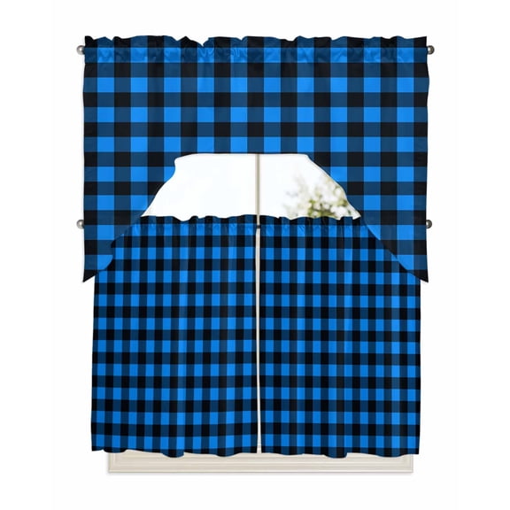 Black Blue Plaid Kitchen Curtain and Valance Set 3 Pieces, Rod Pocket Short Tier Curtains 36 Inch Length, Country Buffalo Checked Gingham Swag Topper Small Window Treatment for Cafe Bathroom Bedroom