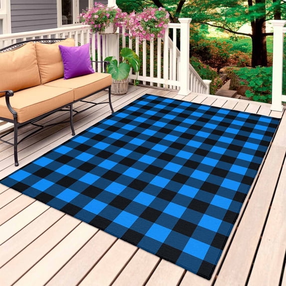 Black Blue Plaid Outdoor Rug 3x5 Ft, Non Slip Washable Area Rug, Country Buffalo Checked Gingham Patio Rugs Carpet Runner, Large Floor Mat for Indoor/Outdoor Deck Porch Camping