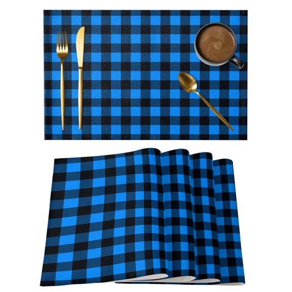 Black Blue Plaid Placemats Set of 4, Cotton Linen Fabric Place Mats, Country Buffalo Checked Gingham Washable Decorative Table Mats Protector for Home Kitchen Dining Wedding Party Coffee Tables