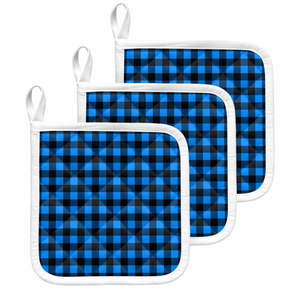 Black Blue Plaid Pot Holders for Kitchen Heatproof Potholder, 3 Pack Country Buffalo Checked Gingham Hot Pads Multipurpose Oven Pads Cloth Potholders Trivet for Cooking Baking
