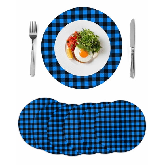 Black Blue Plaid Round 15 Inch Placemats Set of 6, Country Buffalo Checked Gingham HeatResistant Non Slip Place Mats for Dining Table, Wipeable Braided Kitchen Table Mats for Housewarming