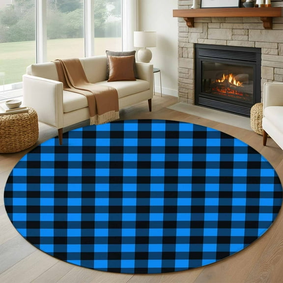 Black Blue Plaid Round Area Rug 5 FT, Non Slip Bedroom Area Rug, Country Buffalo Checked Gingham Washable Soft Circular Carpet Non-Shedding Floor Mat for Kitchen Dining Room Foyer Balcony Dorm