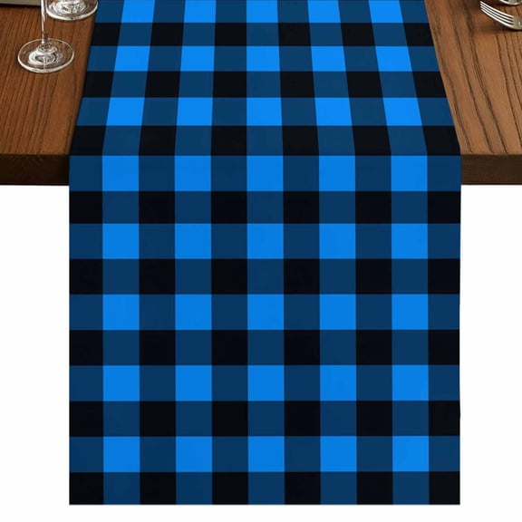 Black Blue Plaid Short Table Runner 36 Inches Long,Country Buffalo Checked Gingham Cotton Linen Table Runners Dresser Scarves,Fabric Tabletop Scarf Furniture Cover for Home Dinner Party Decor 13"x36"